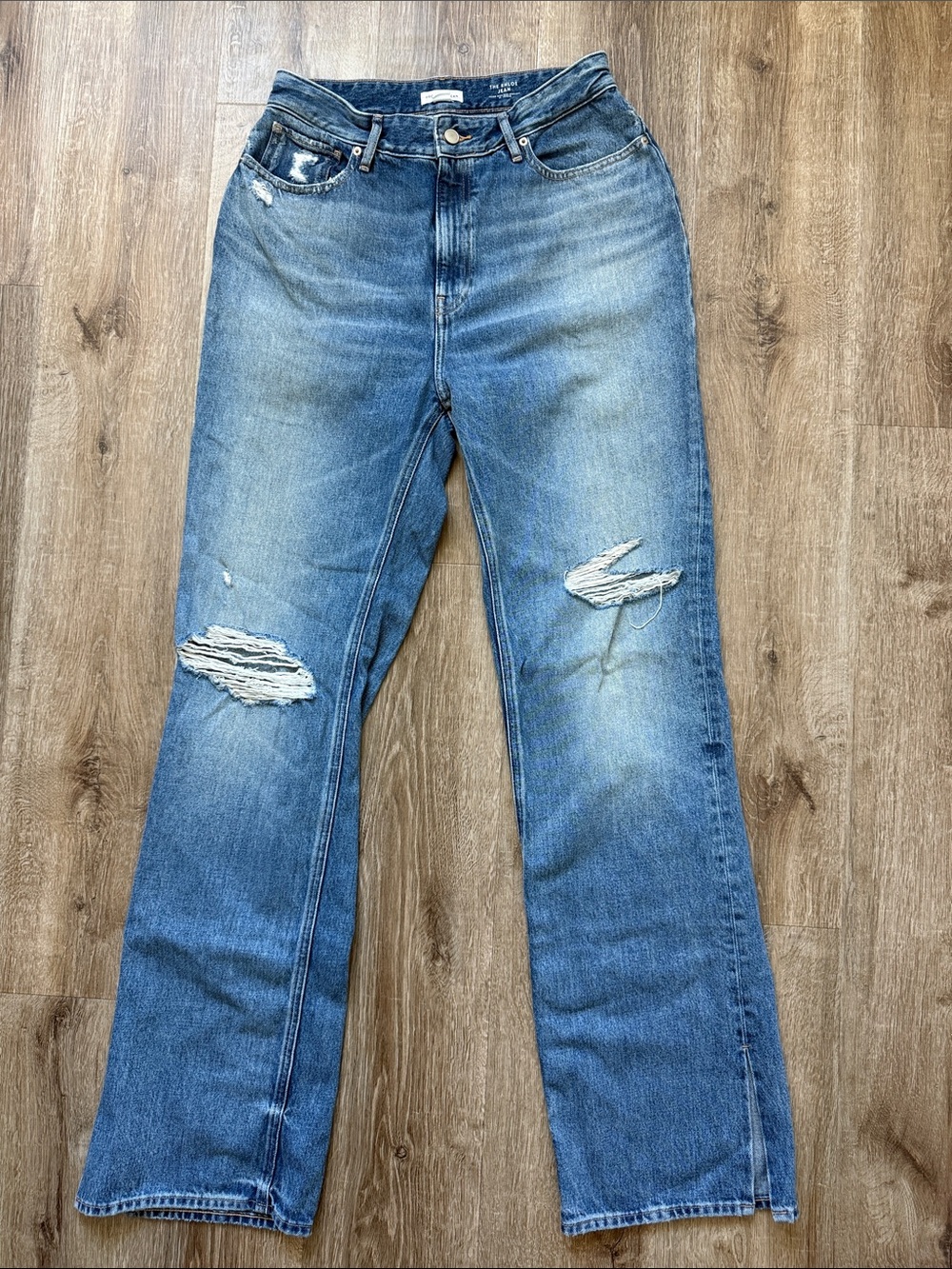 Good American “The Khloe Jean” Distressed Light Blue Straight-Leg Jeans